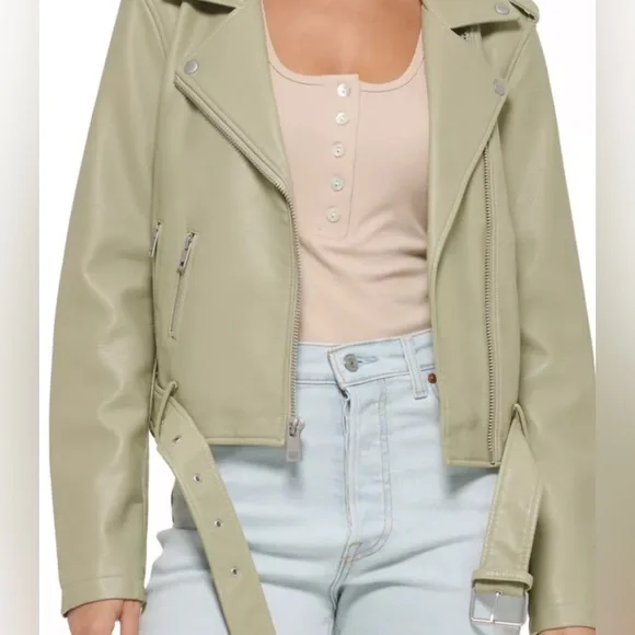 NWT Levi’s Faux Leather Belted Moto Jacket - Sage Green Size S - Picture 7 of 16